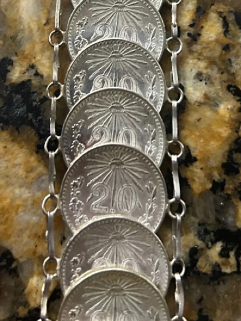 Vintage 19 Piece 1940’sMexico 20 Cent SILVER Coin Link Bracelet 20 Centavos